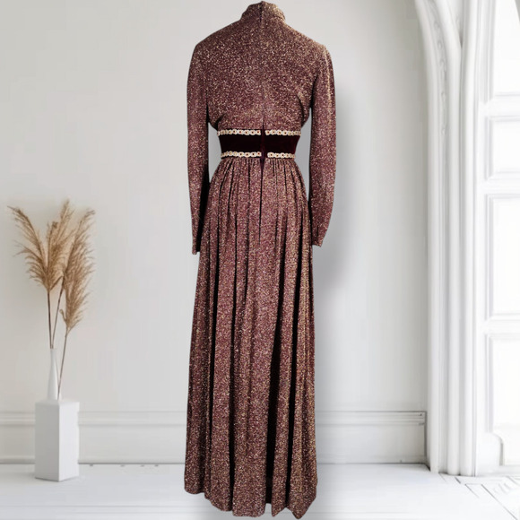 Vintage 70s Lurex Velvet Formal Dress Mock Neck Metallic Boho Holiday 0 - Picture 3 of 16